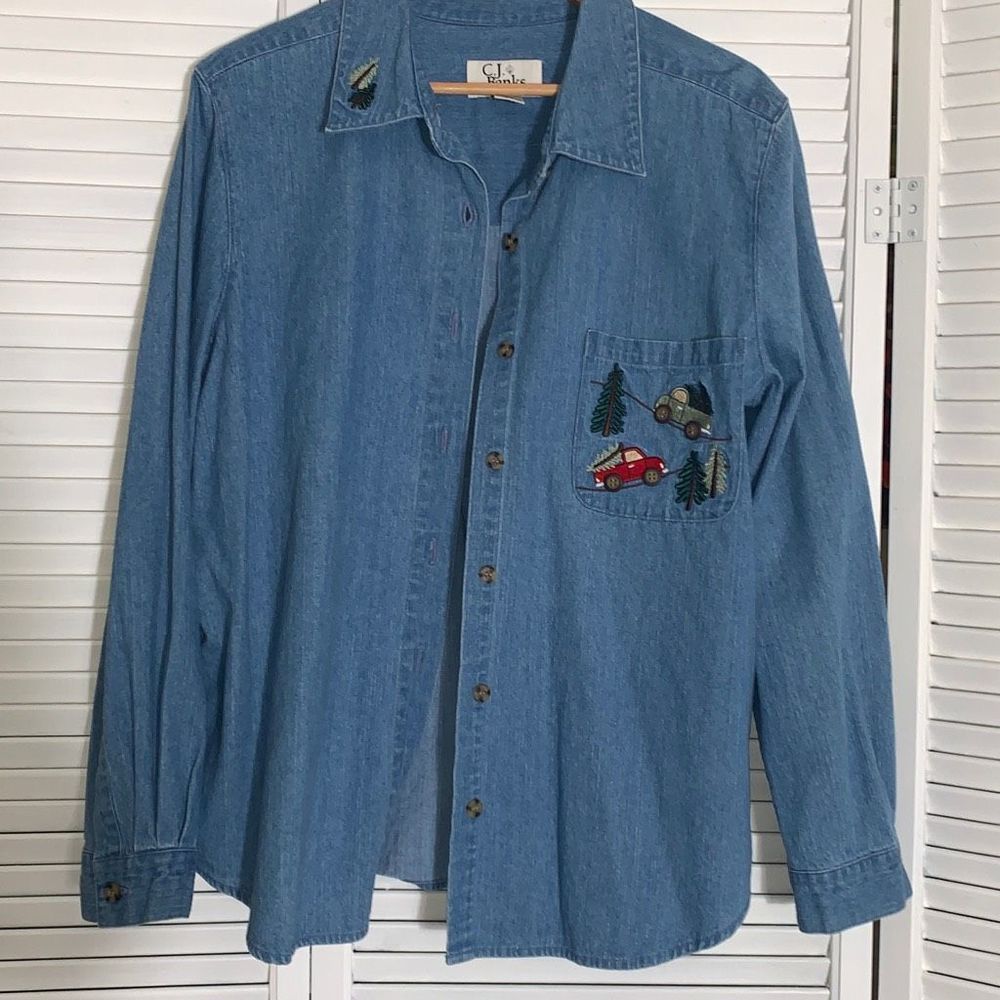 Vintage Embroidered Button Down Denim Shirt Size 12